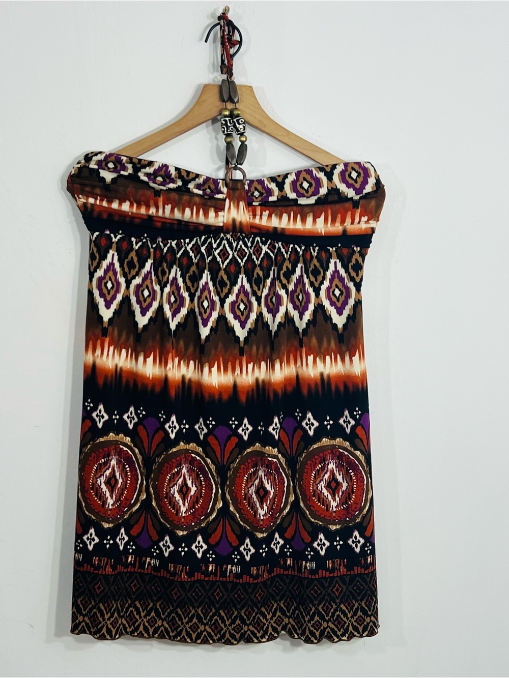 Trixxi Strapless Halter Beads Smocked Geometric Print Lined A-Line Knee Dress XL